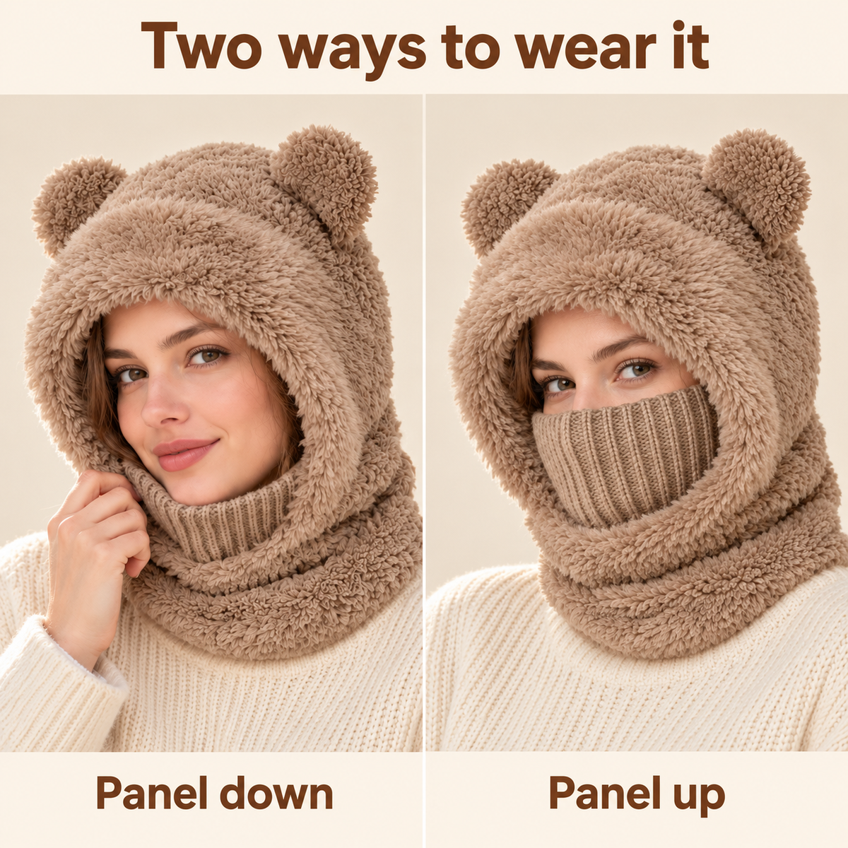 Taupe bear hood shown side by side with the face panel down and up