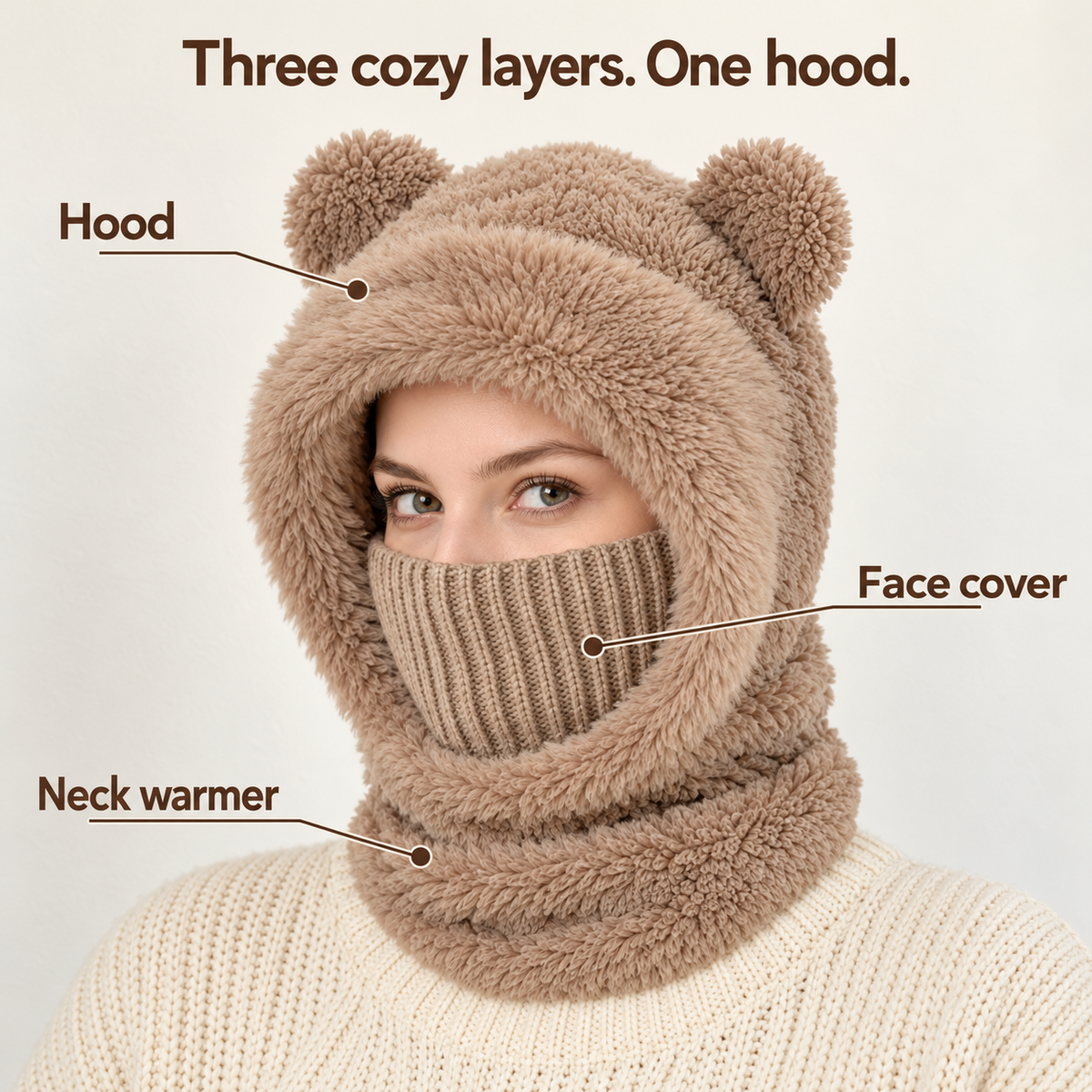 Three-in-one bear hood with hood, face cover, and neck warmer labeled