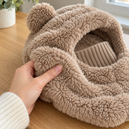 Hand gently squeezing the taupe teddy fleece