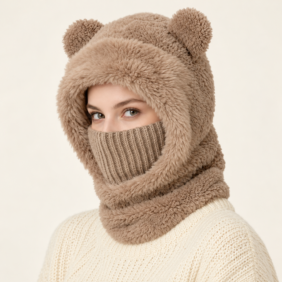 The Snugbelle Cozy Bear Hood worn with the ribbed face panel pulled up
