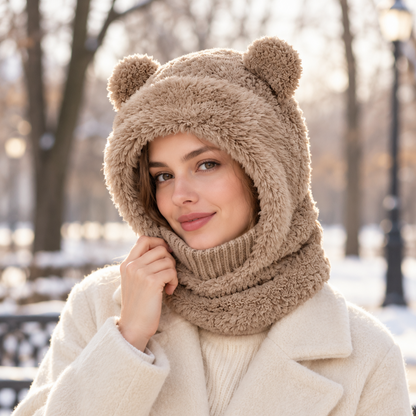 Taupe Snugbelle bear hood worn outdoors