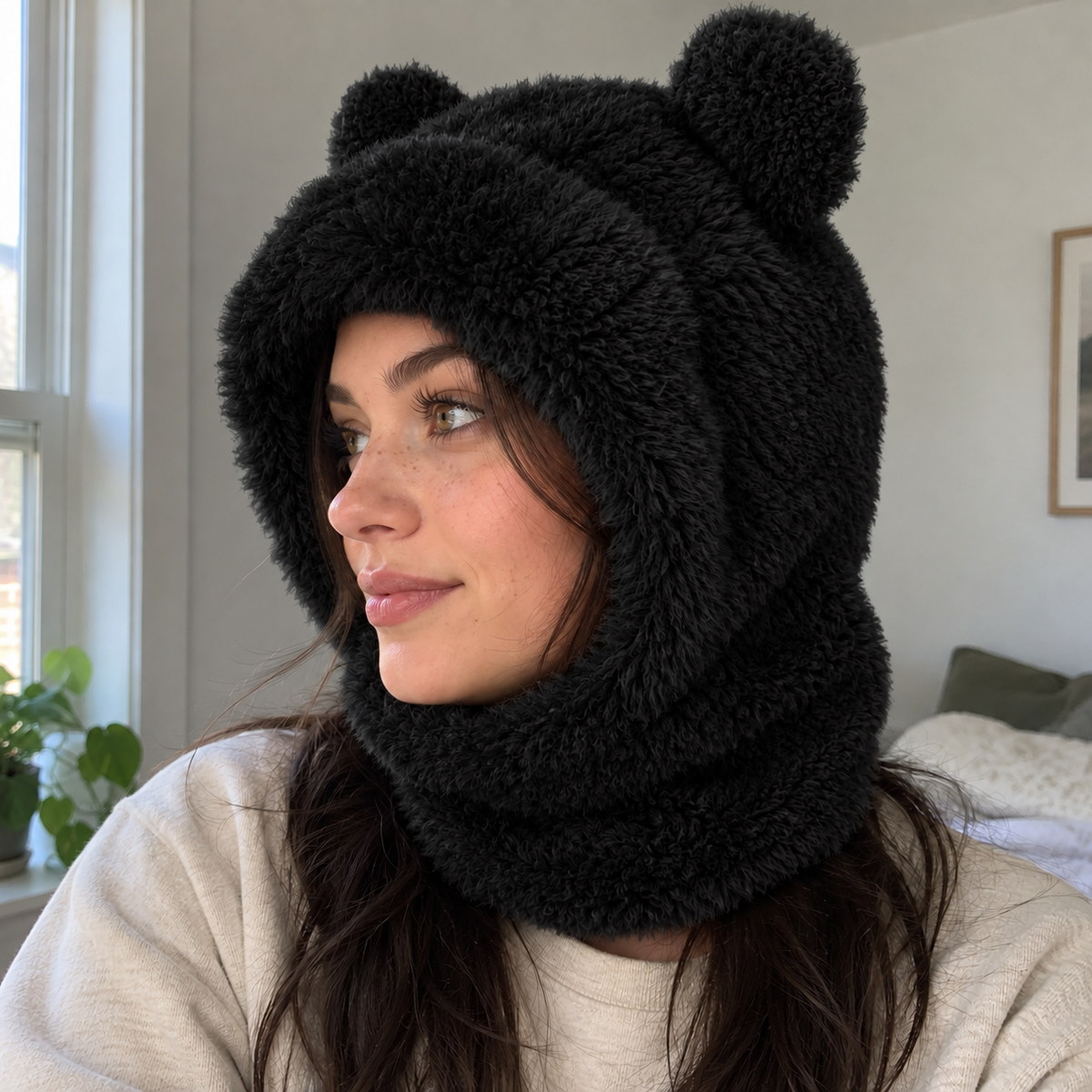 Black bear hood with the face panel down, shown in a natural side-view photo by a window