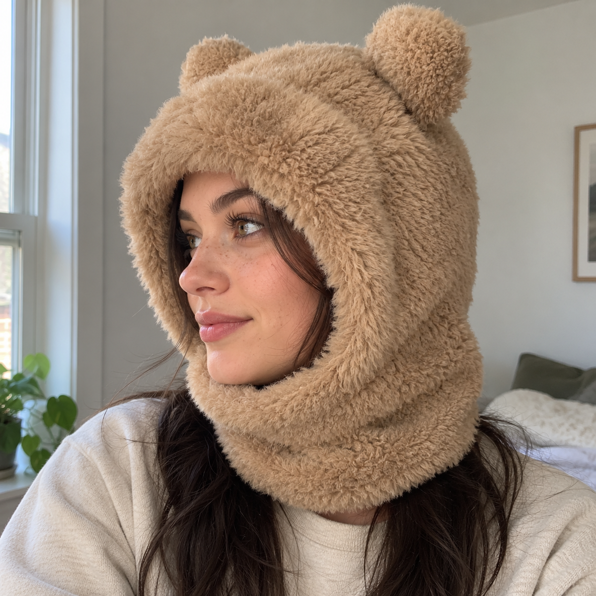 Side view of the bear hood showing soft fleece, rounded ears and the short integrated neck covering