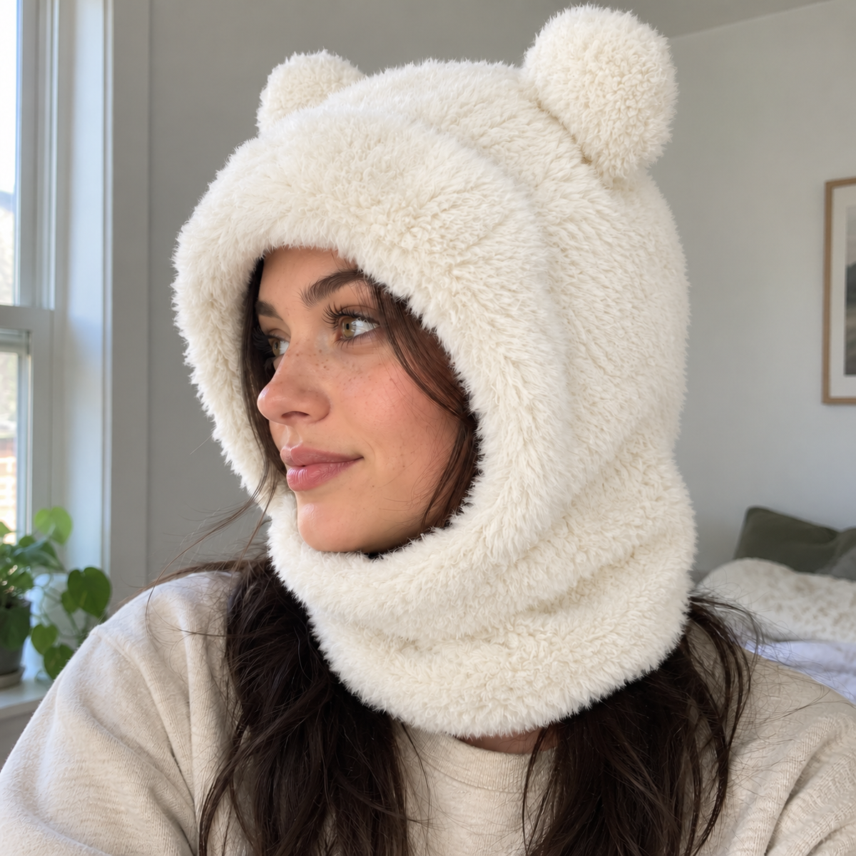 White bear hood with the face panel down, shown in a natural side-view photo by a window
